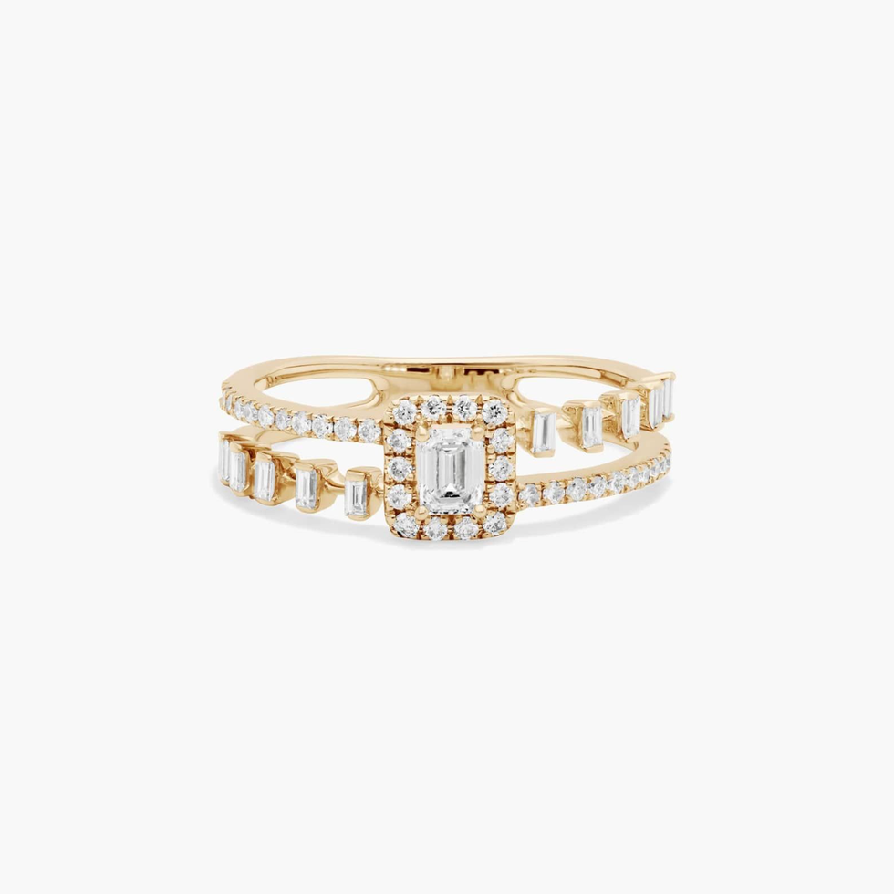 14K Yellow Gold Double Row Emerald Cut Diamond Ring 14K Yellow Gold Double Row Emerald Cut Diamond Ring